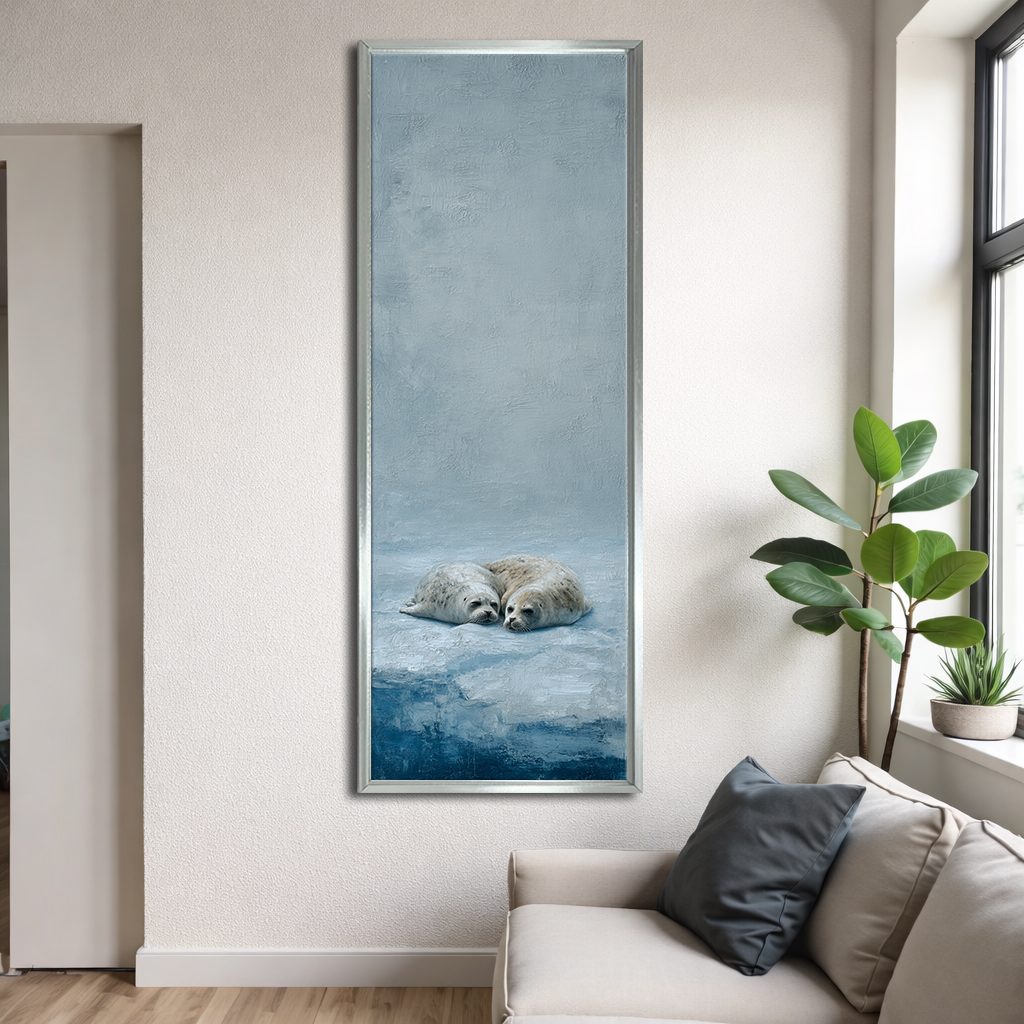 Seal Pups on Ice canvas wall art, silver floating frame
