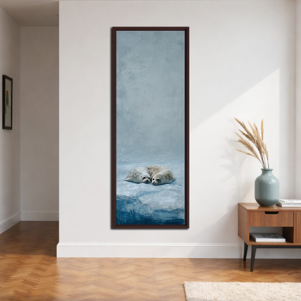 Seal Pups on Ice canvas wall art, walnut floating frame