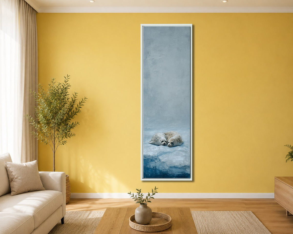Seal Pups on Ice canvas wall art, white floating frame