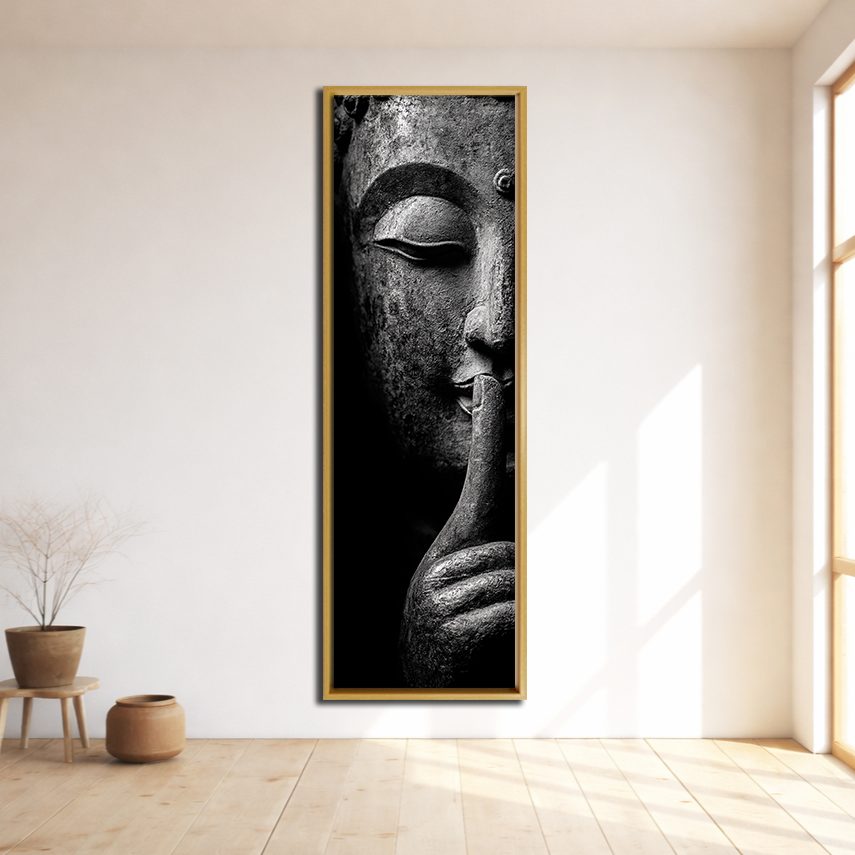 Silent Buddha Face canvas wall art, natural wood floating frame