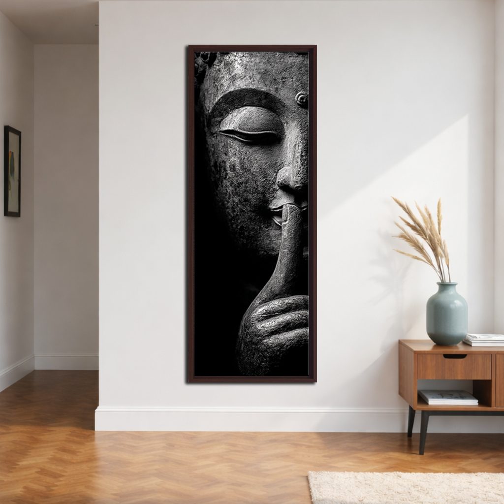 Silent Buddha Face canvas wall art, walnut floating frame