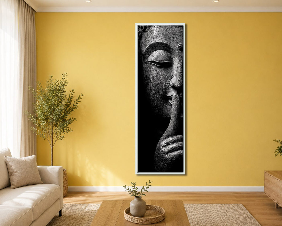 Silent Buddha Face canvas wall art, white floating frame