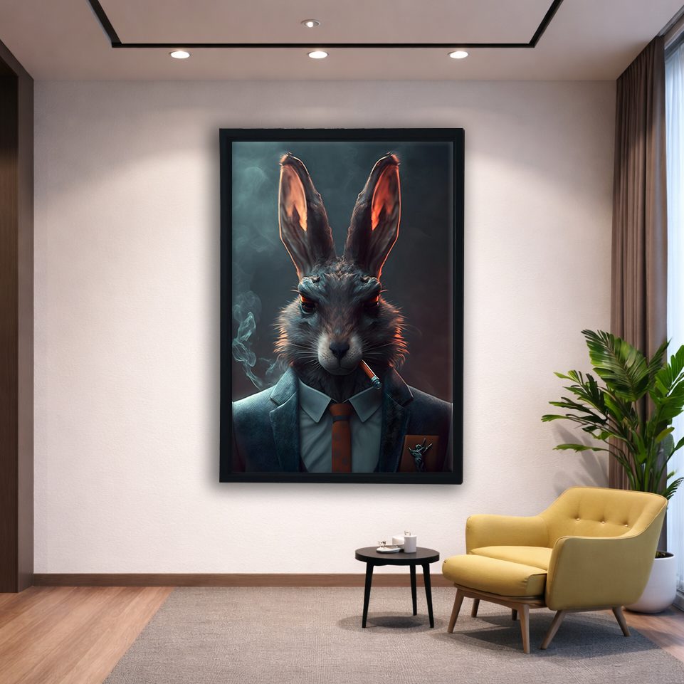 Smoking Rabbit in a Suit canvas wall art, black floating frame