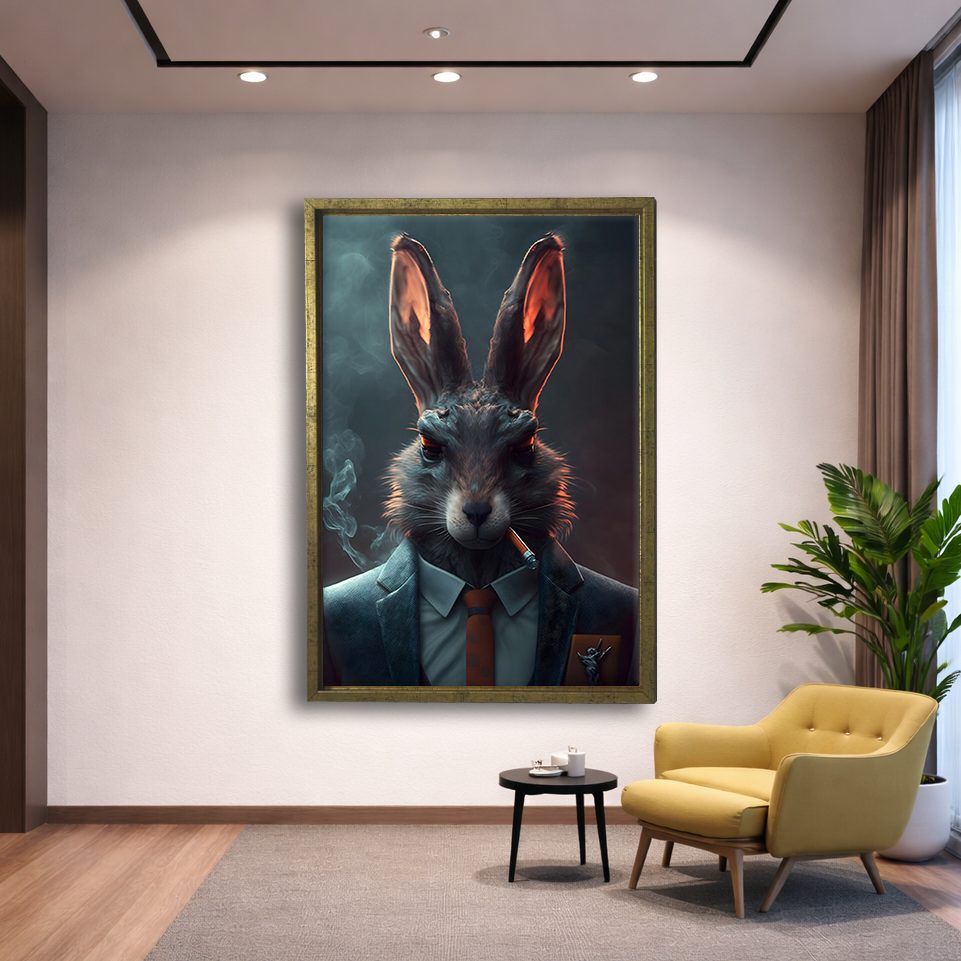 Smoking Rabbit in a Suit canvas wall art, gold floating frame