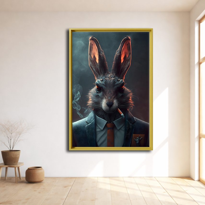 Smoking Rabbit in a Suit canvas wall art, natural wood floating frame
