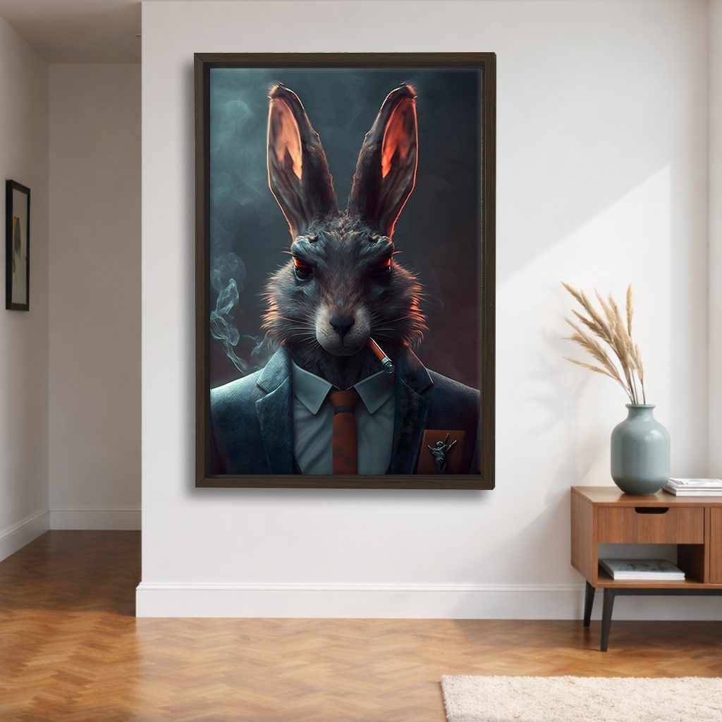 Smoking Rabbit in a Suit canvas wall art, walnut floating frame