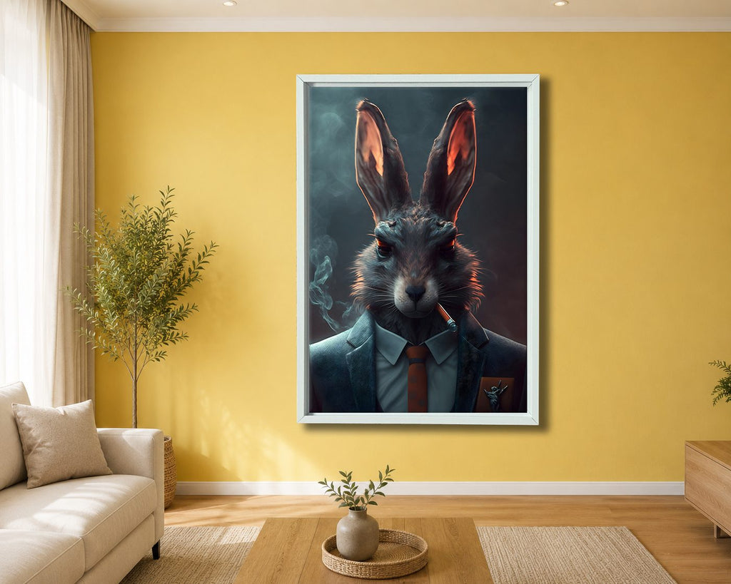 Smoking Rabbit in a Suit canvas wall art, white floating frame