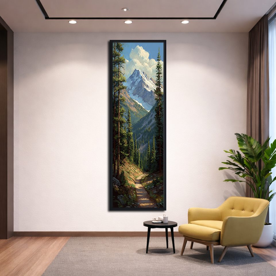 Snowy Mountain Peak and Forest Trail canvas wall art, black floating frame