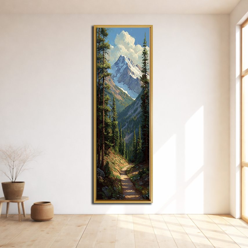 Snowy Mountain Peak and Forest Trail canvas wall art, natural wood floating frame