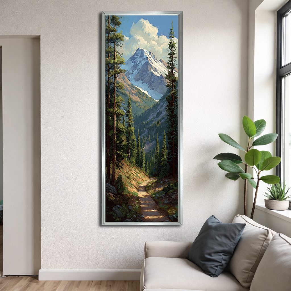 Snowy Mountain Peak and Forest Trail canvas wall art, silver floating frame