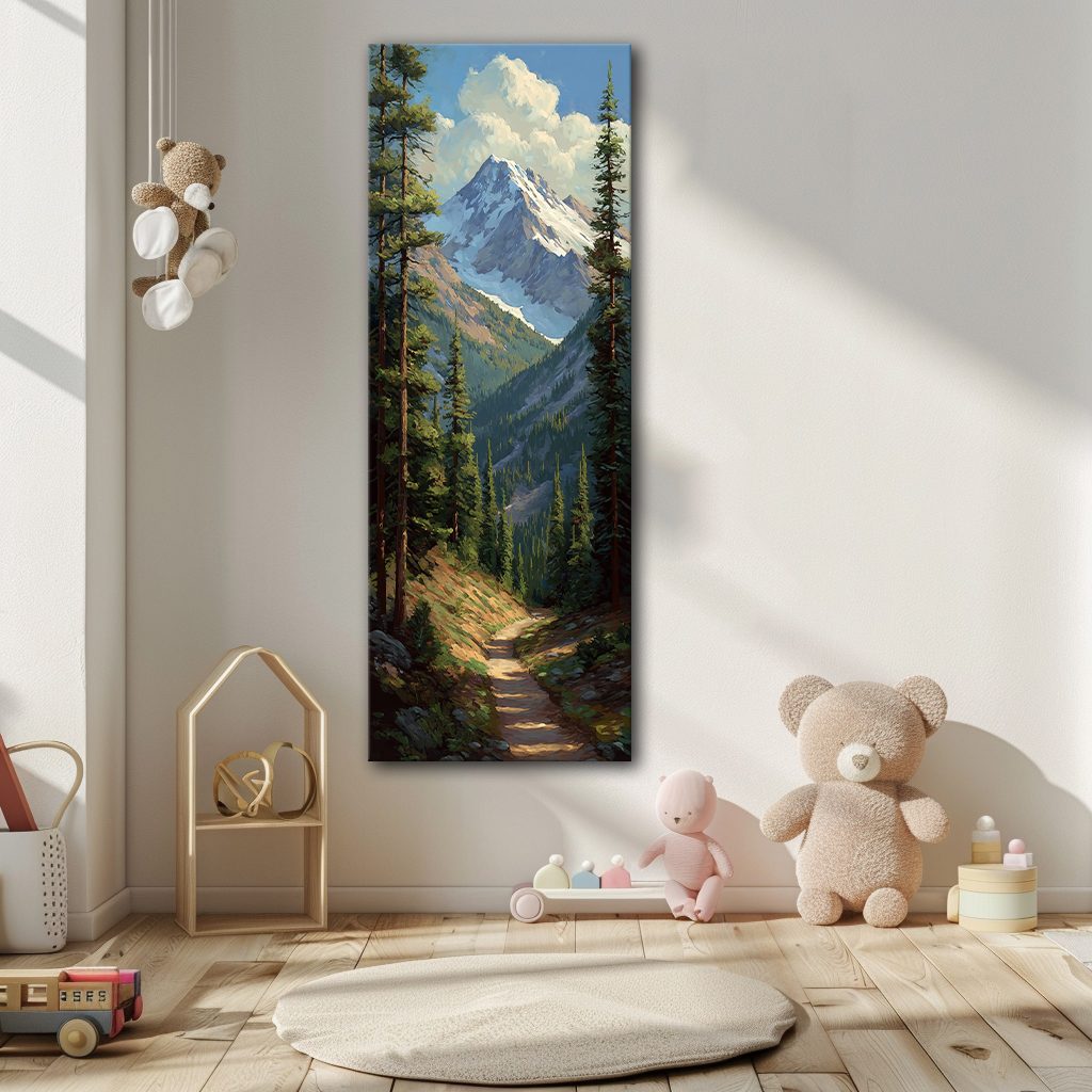 Snowy Mountain Peak and Forest Trail canvas wall art, unframed canvas