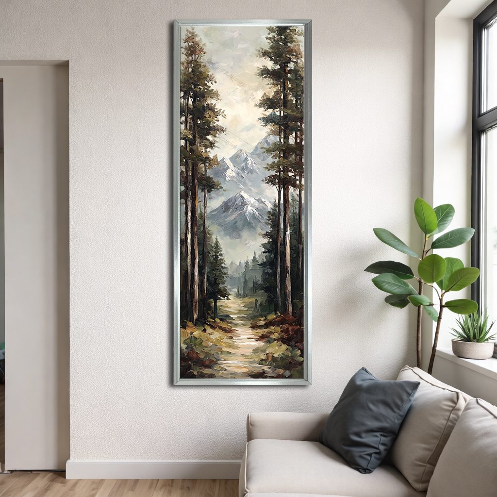 Snowy Mountain Pine Forest Path canvas wall art, silver floating frame