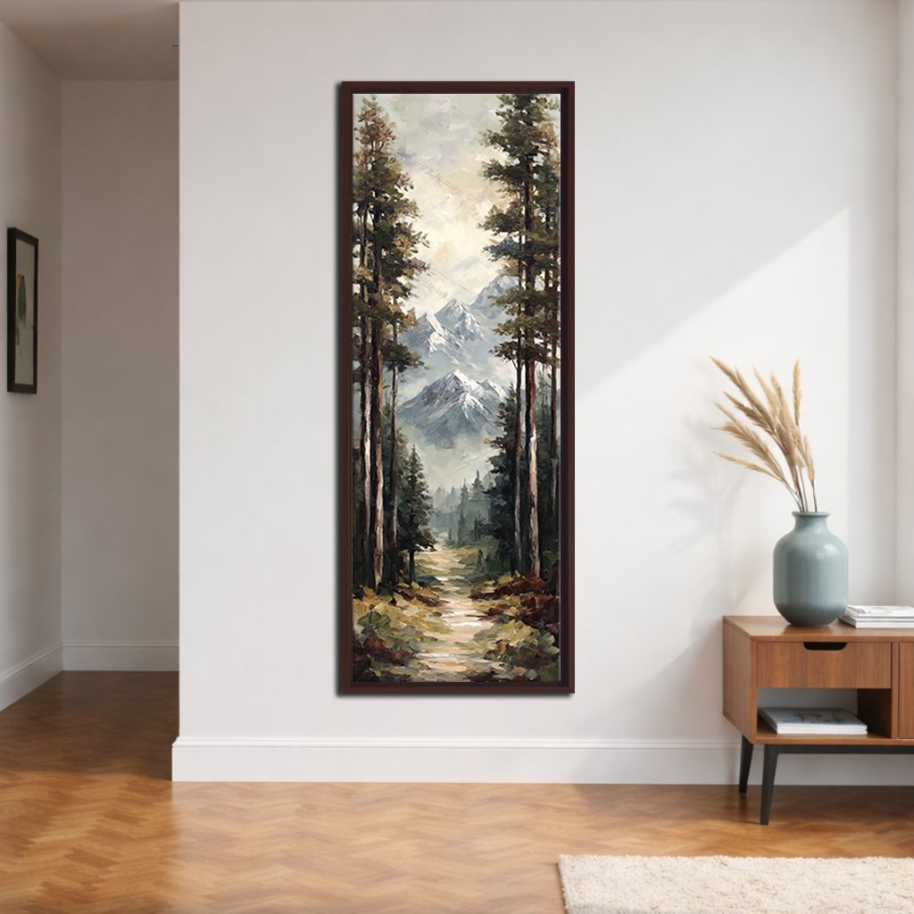 Snowy Mountain Pine Forest Path canvas wall art, walnut floating frame