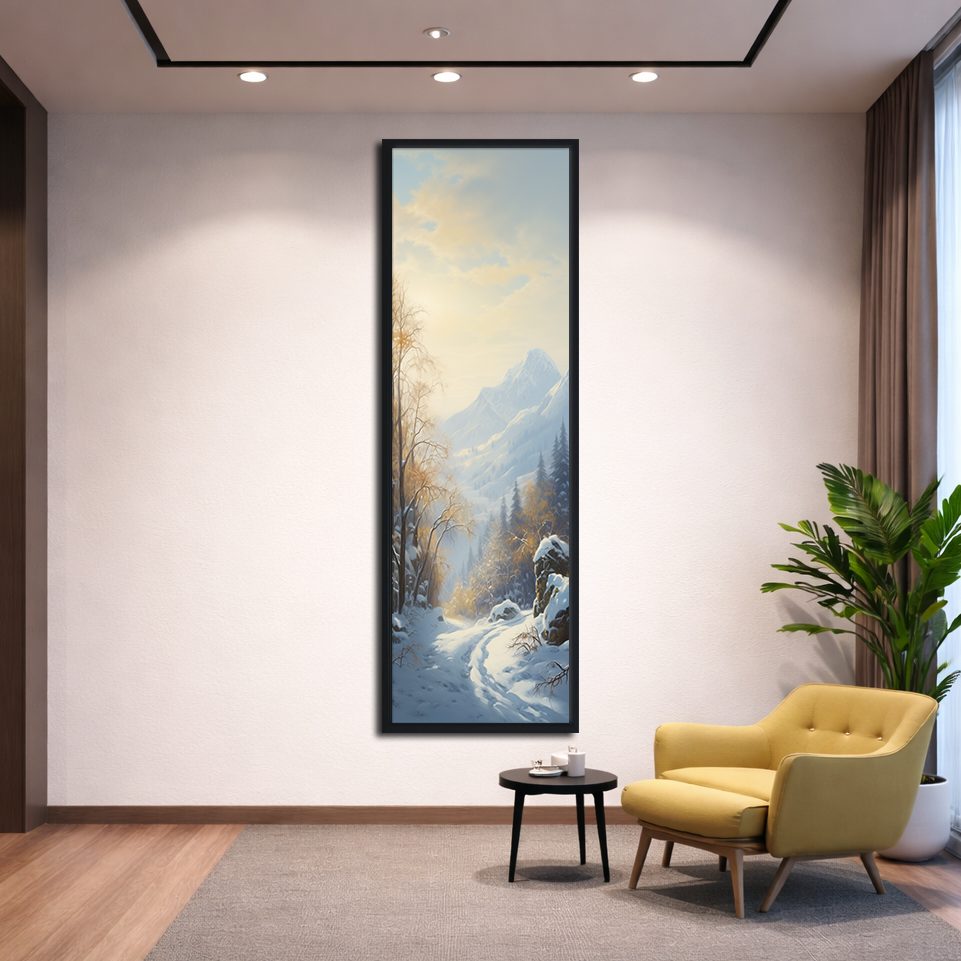 Snowy Mountain Winter Forest canvas wall art, black floating frame