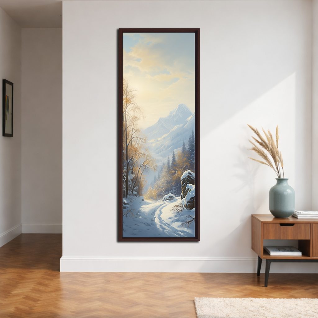 Snowy Mountain Winter Forest canvas wall art, walnut floating frame