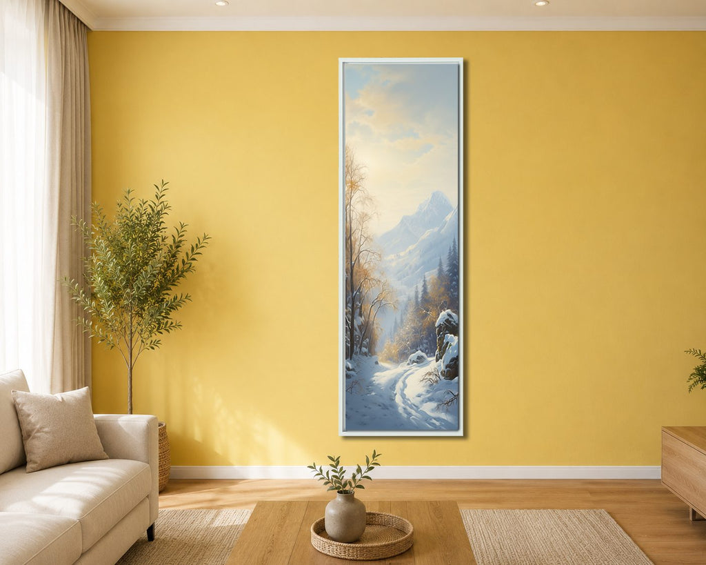 Snowy Mountain Winter Forest canvas wall art, white floating frame