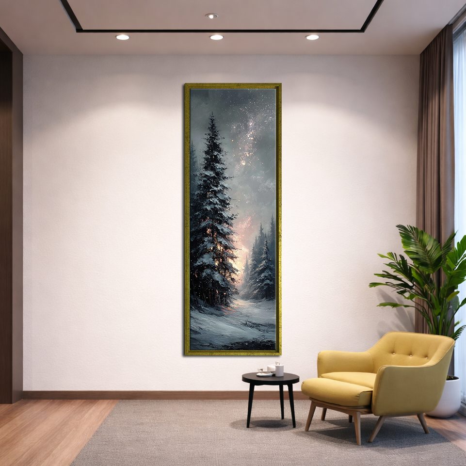 Snowy Pine Under Starry Sky canvas wall art, gold floating frame