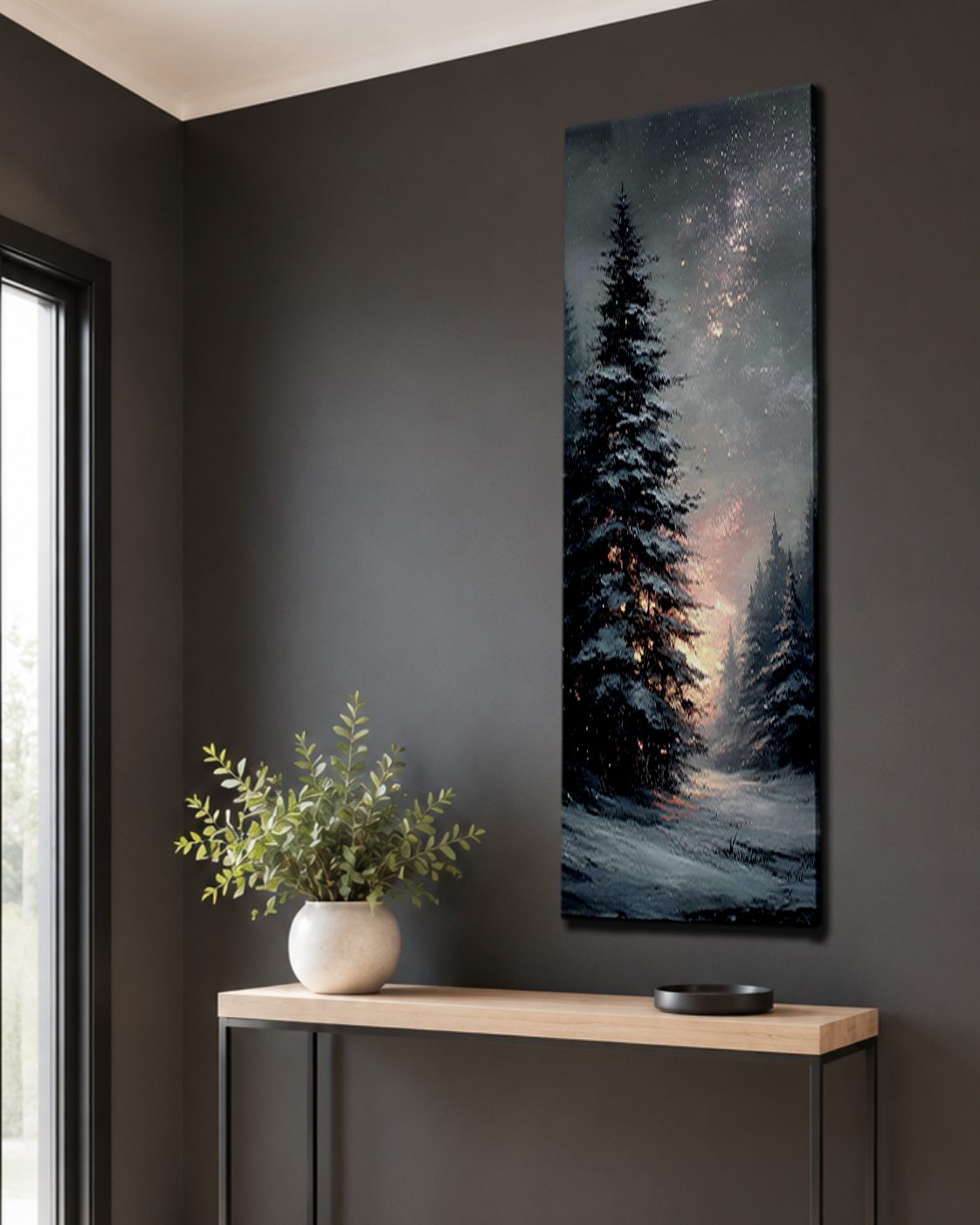 Snowy Pine Under Starry Sky canvas wall art, unframed canvas