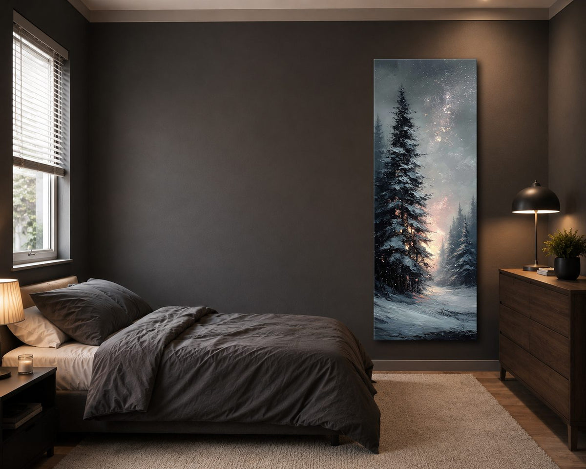 Snowy Pine Under Starry Sky canvas wall art, unframed canvas