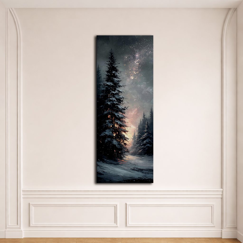 Snowy Pine Under Starry Sky canvas wall art, unframed canvas