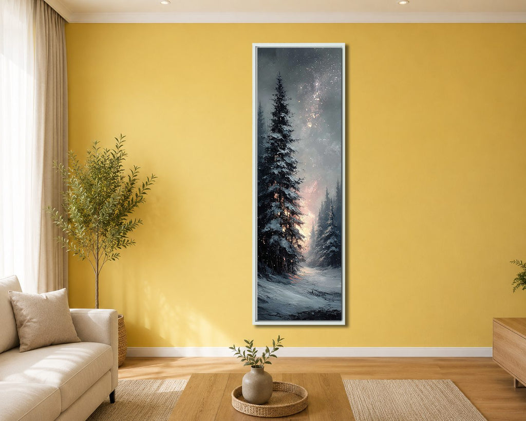 Snowy Pine Under Starry Sky canvas wall art, white floating frame