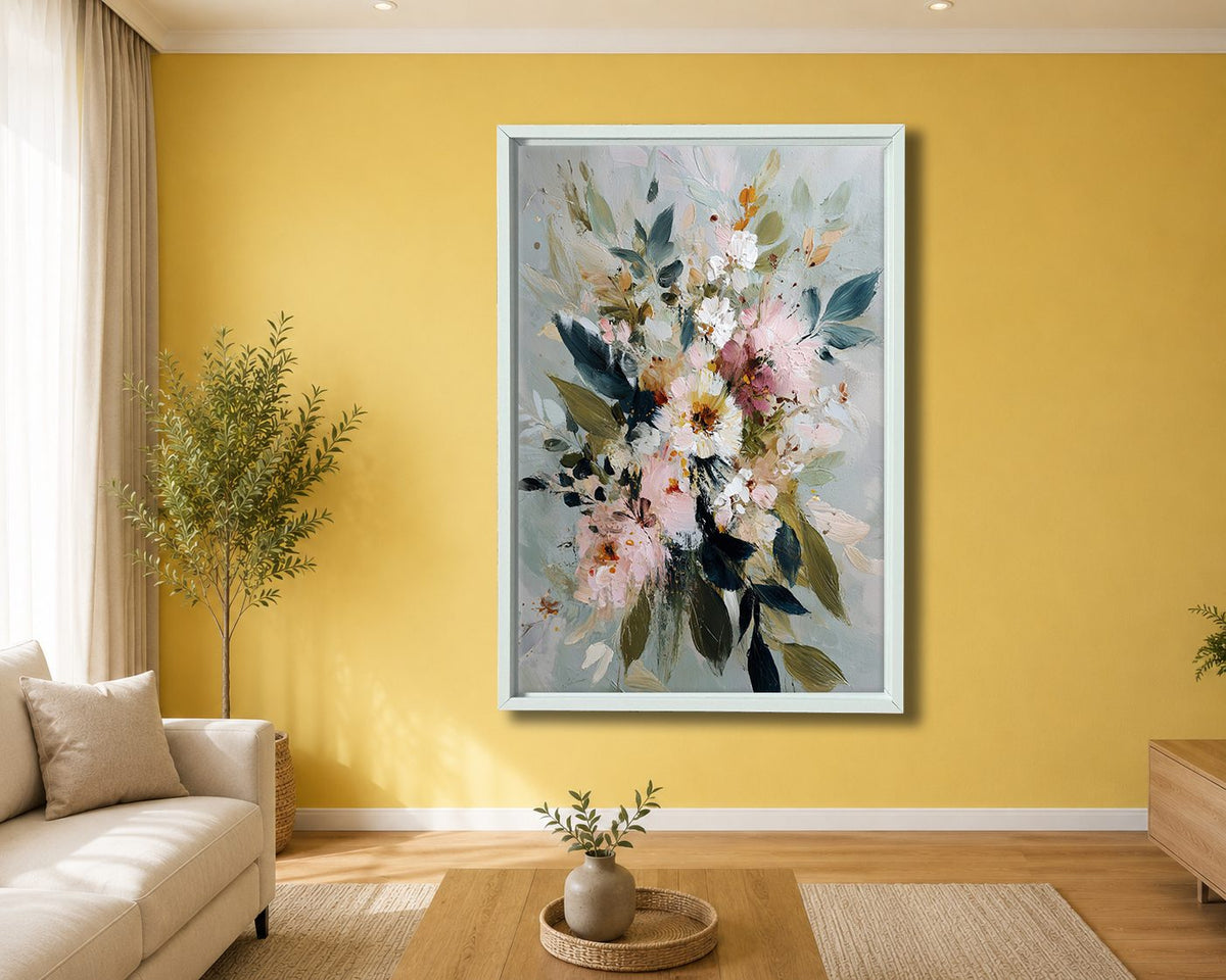 Soft Watercolor Floral Bouquet canvas wall art, white floating frame