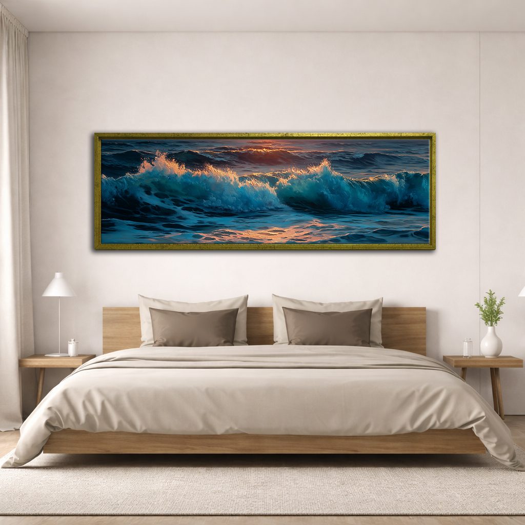 Stormy Ocean Waves at Sunset canvas wall art, antique gold floating frame