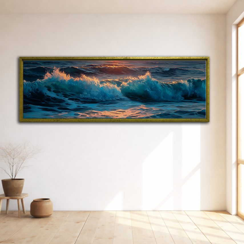 Stormy Ocean Waves at Sunset canvas wall art, gold floating frame