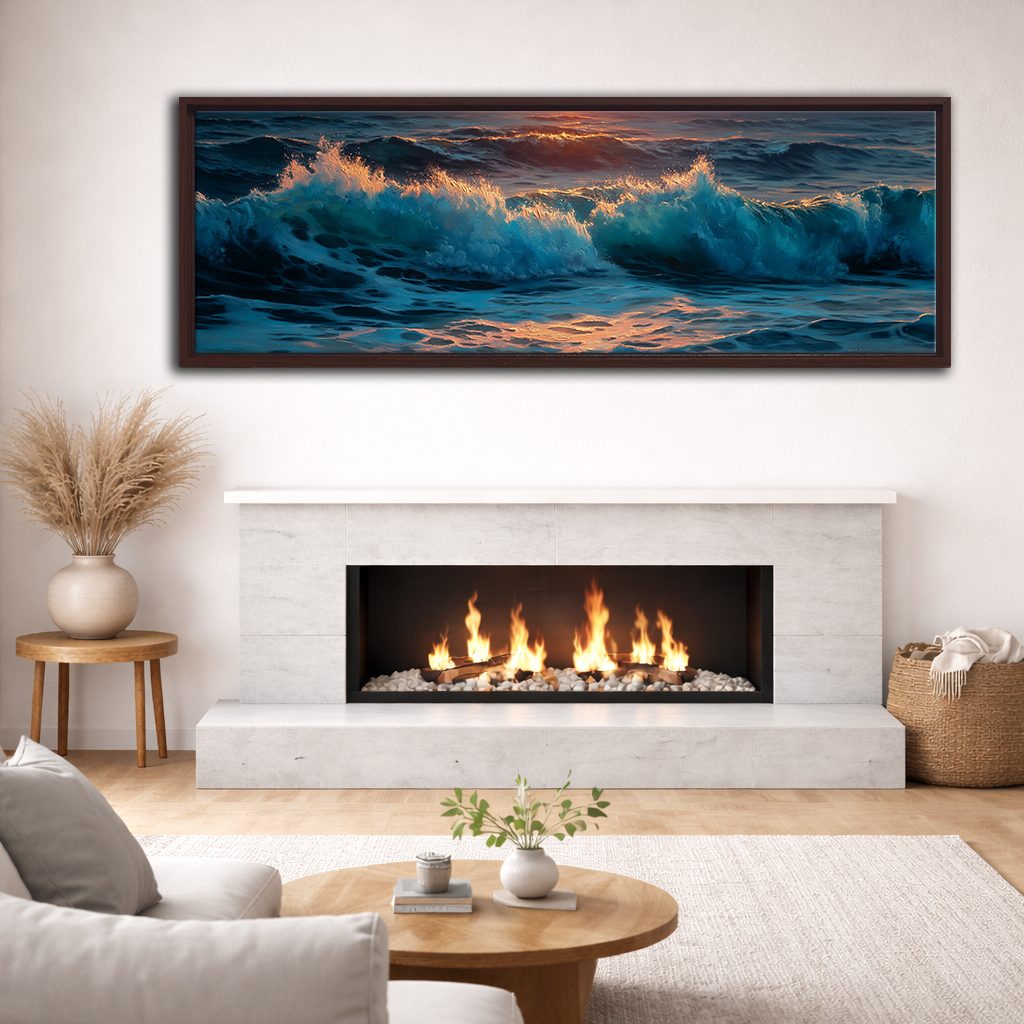 Stormy Ocean Waves at Sunset canvas wall art, walnut floating frame