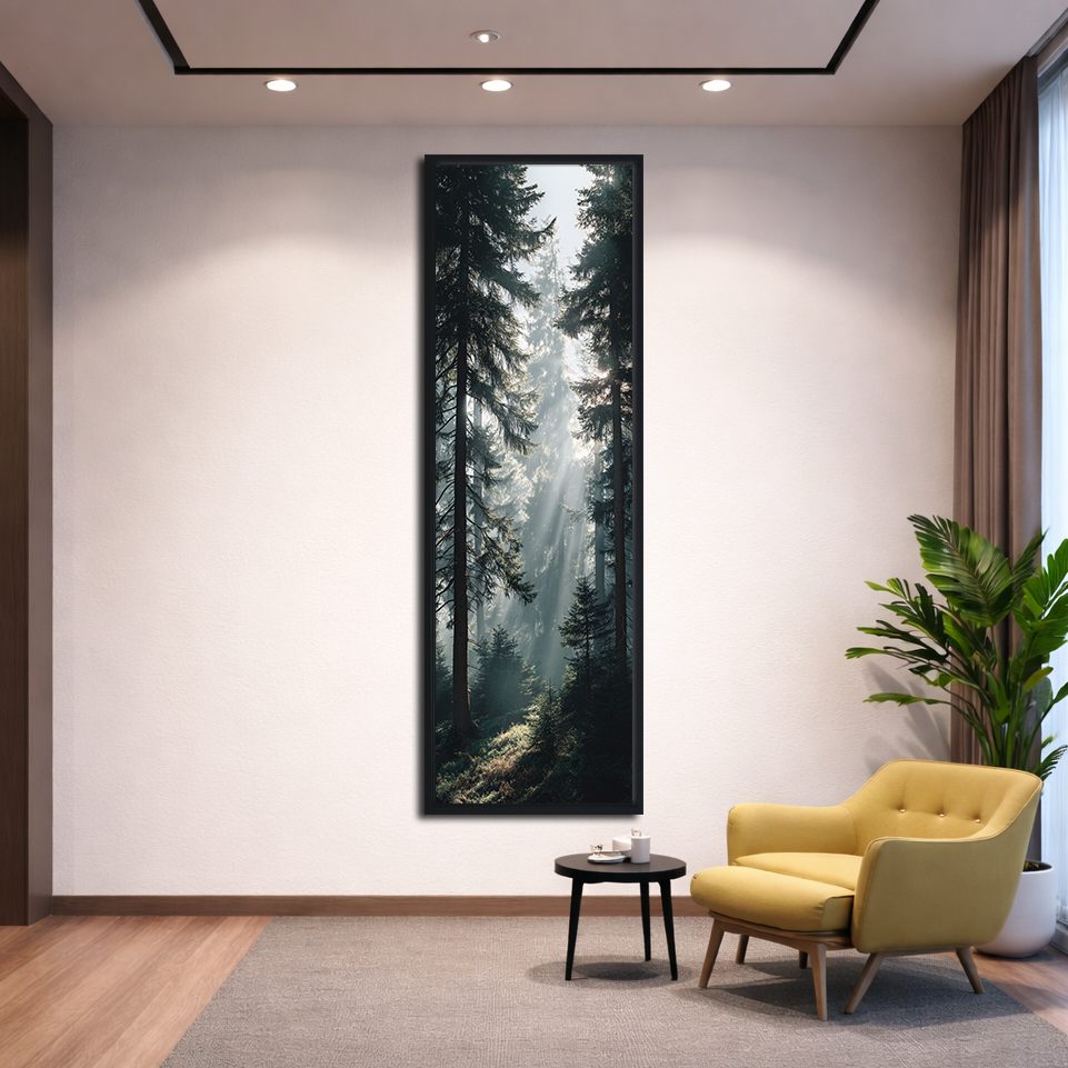 Sunbeams in Pine Forest canvas wall art, black floating frame