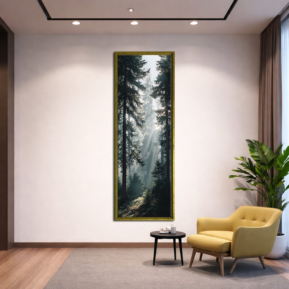 Sunbeams in Pine Forest canvas wall art, gold floating frame