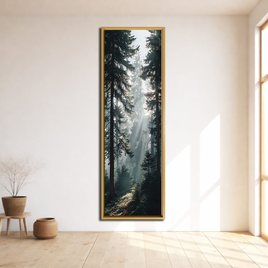 Sunbeams in Pine Forest canvas wall art, natural wood floating frame
