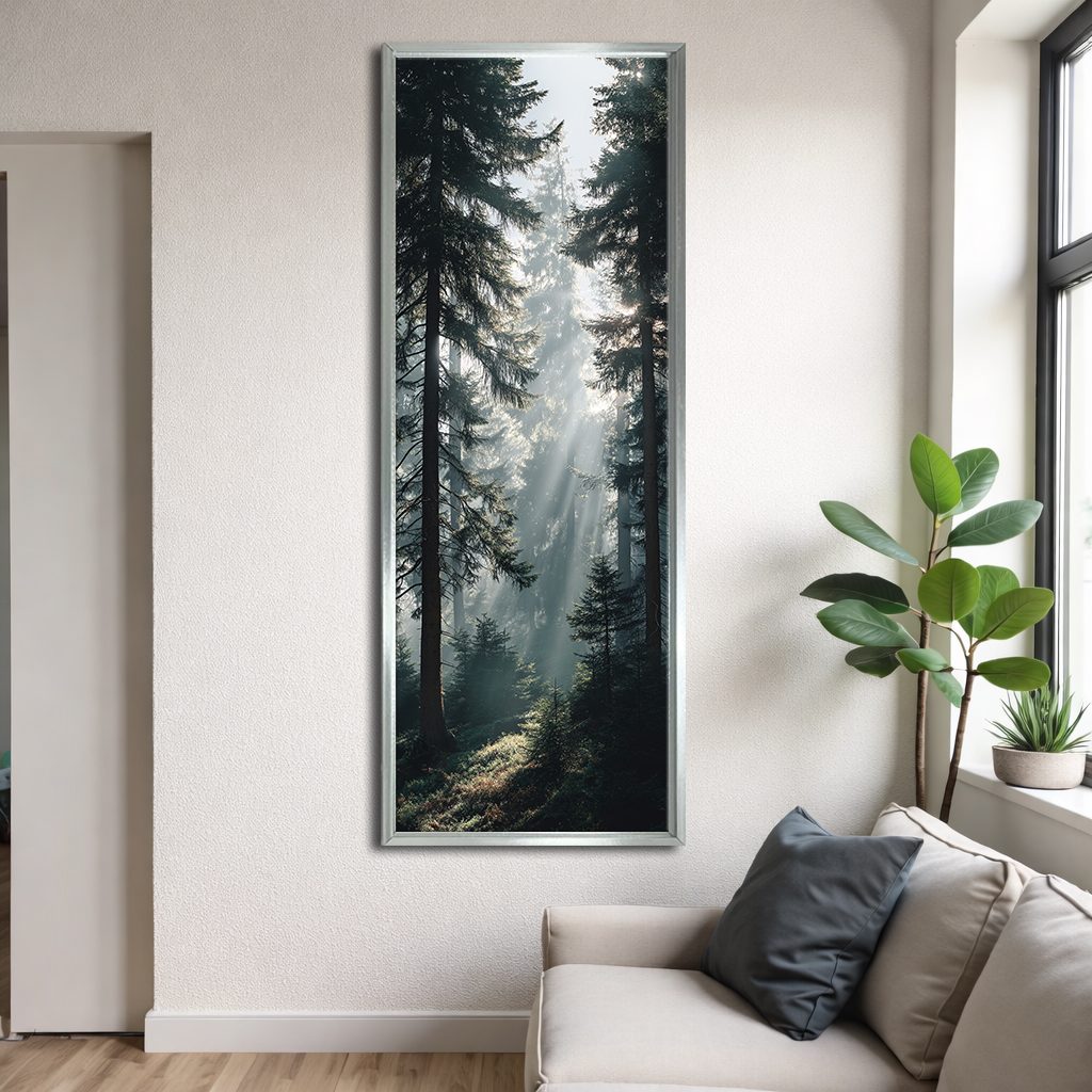 Sunbeams in Pine Forest canvas wall art, silver floating frame