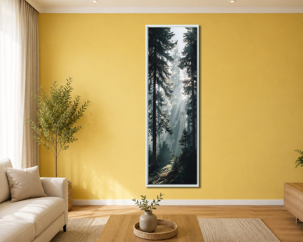 Sunbeams in Pine Forest canvas wall art, white floating frame