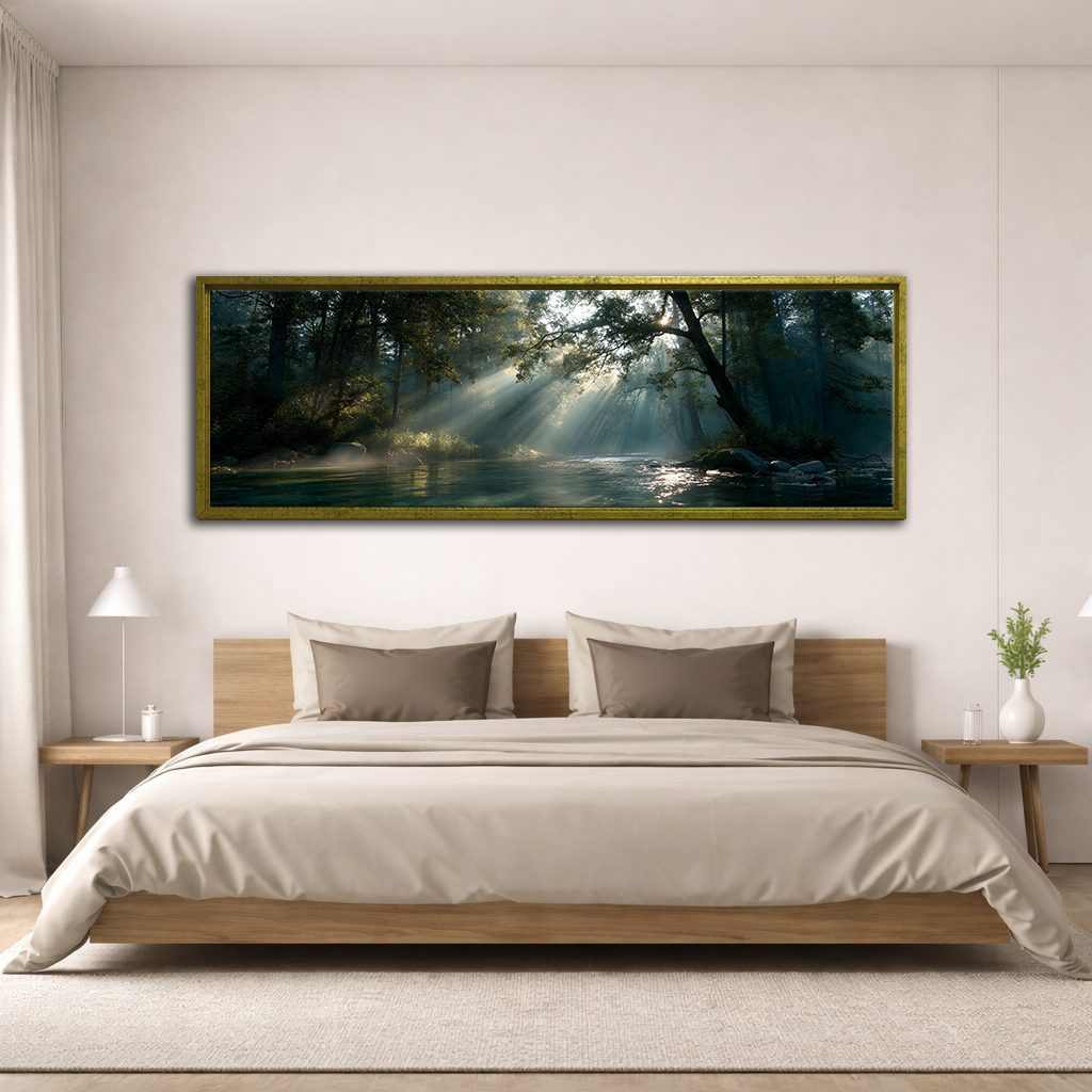 Sunbeams over Forest River canvas wall art, antique gold floating frame