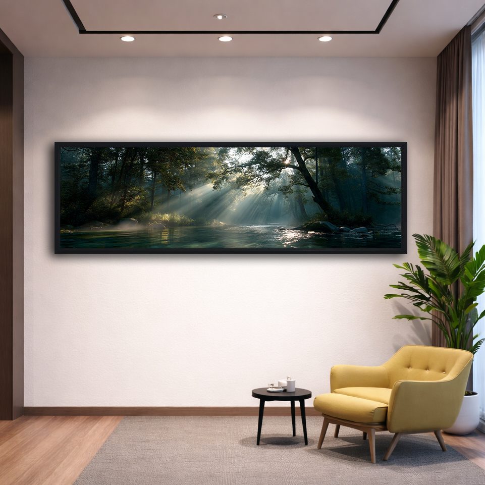 Sunbeams over Forest River canvas wall art, black floating frame