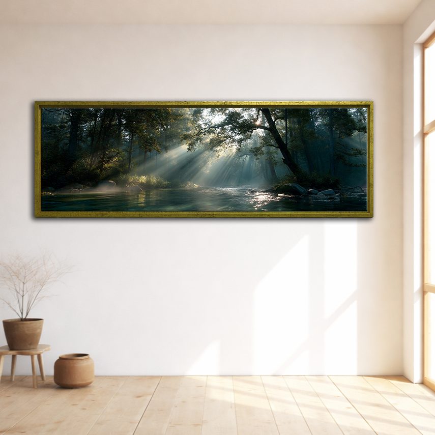 Sunbeams over Forest River canvas wall art, gold floating frame