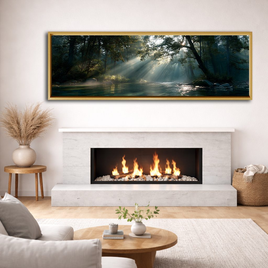 Sunbeams over Forest River canvas wall art, natural wood floating frame