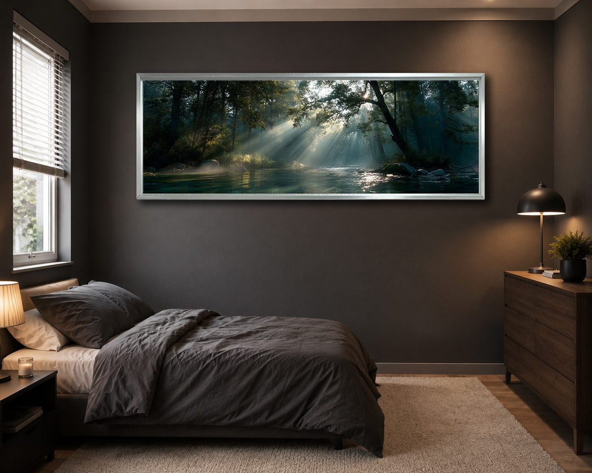 Sunbeams over Forest River canvas wall art, silver floating frame