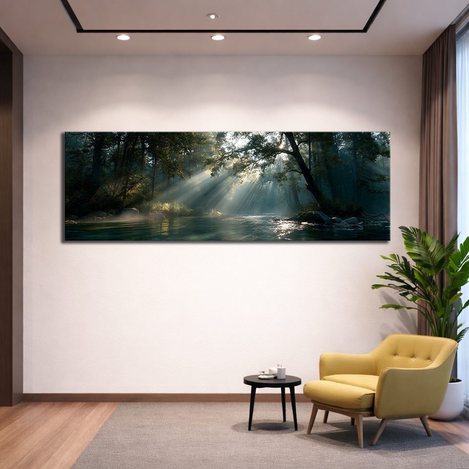 Sunbeams over Forest River canvas wall art, unframed canvas