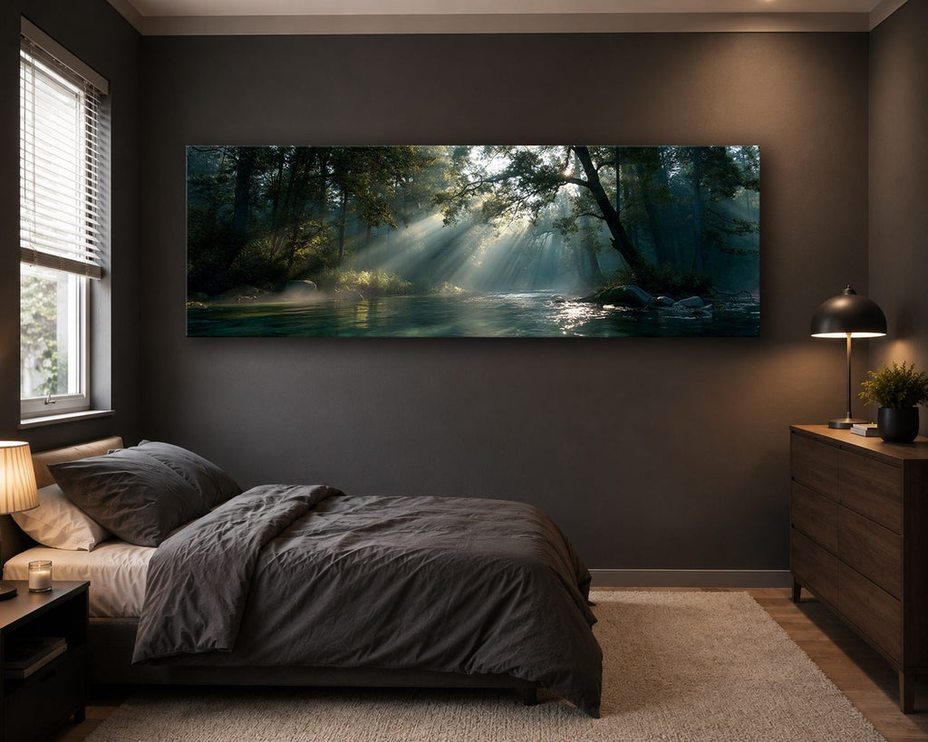 Sunbeams over Forest River canvas wall art, unframed canvas