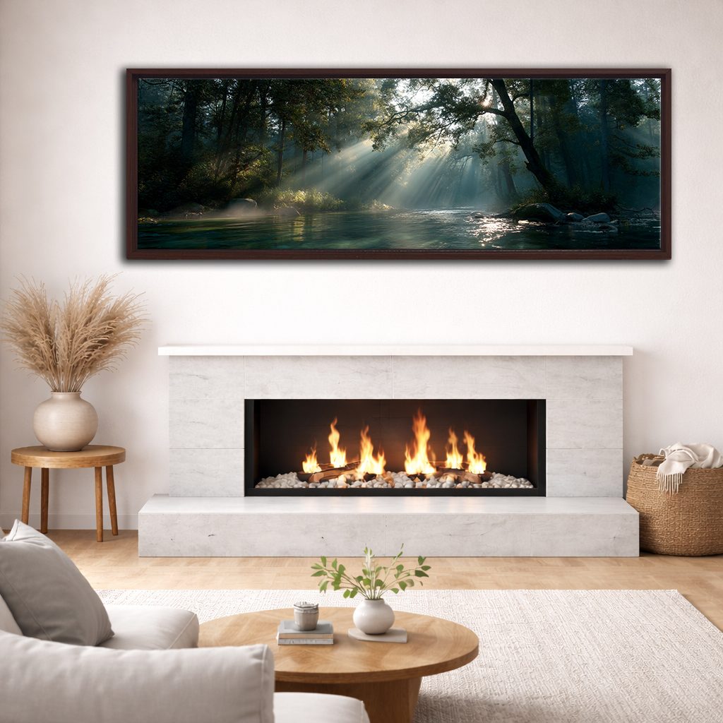 Sunbeams over Forest River canvas wall art, walnut floating frame