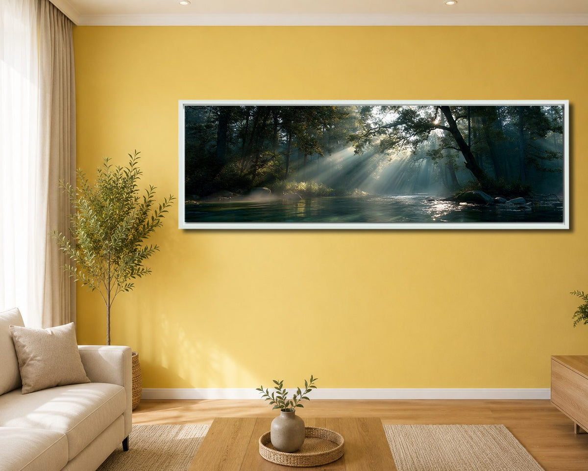 Sunbeams over Forest River canvas wall art, white floating frame