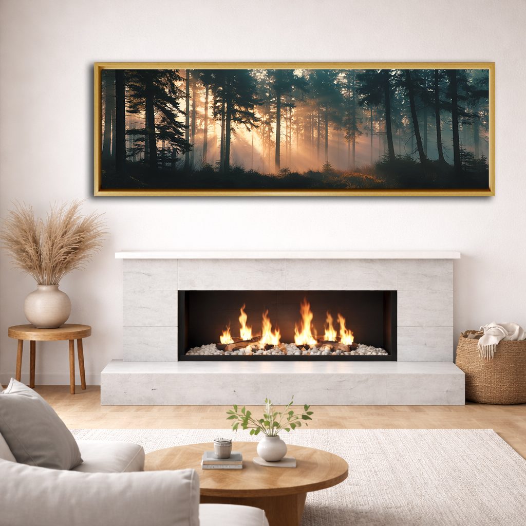 Sunlight Through Misty Forest canvas wall art, natural wood floating frame