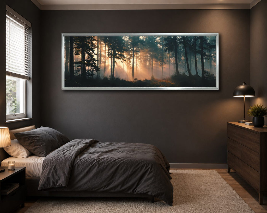 Sunlight Through Misty Forest canvas wall art, silver floating frame
