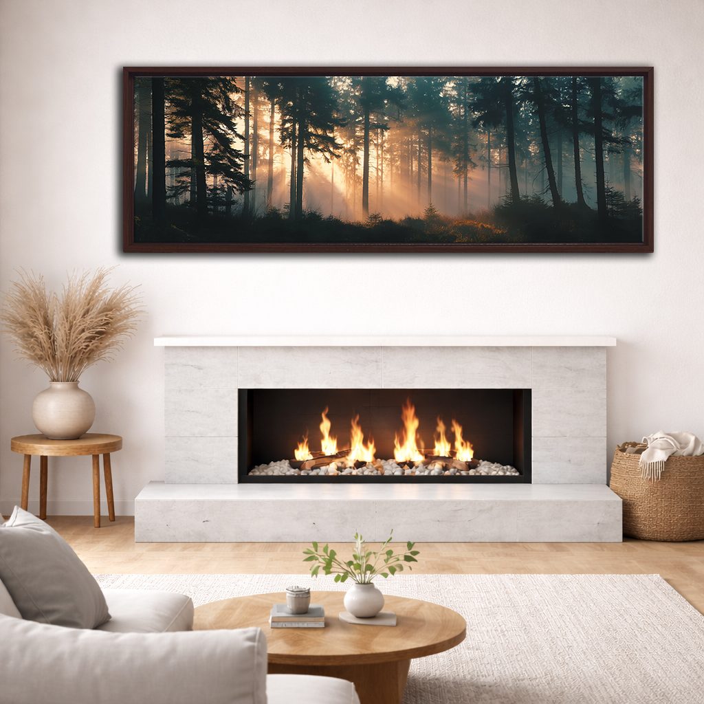 Sunlight Through Misty Forest canvas wall art, walnut floating frame