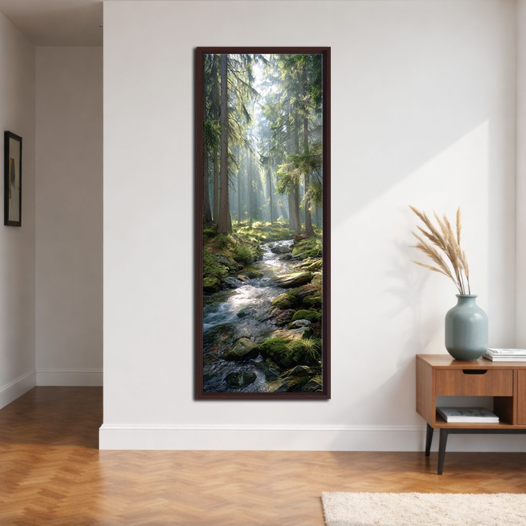 Sunlit Forest Creek canvas wall art, walnut floating frame