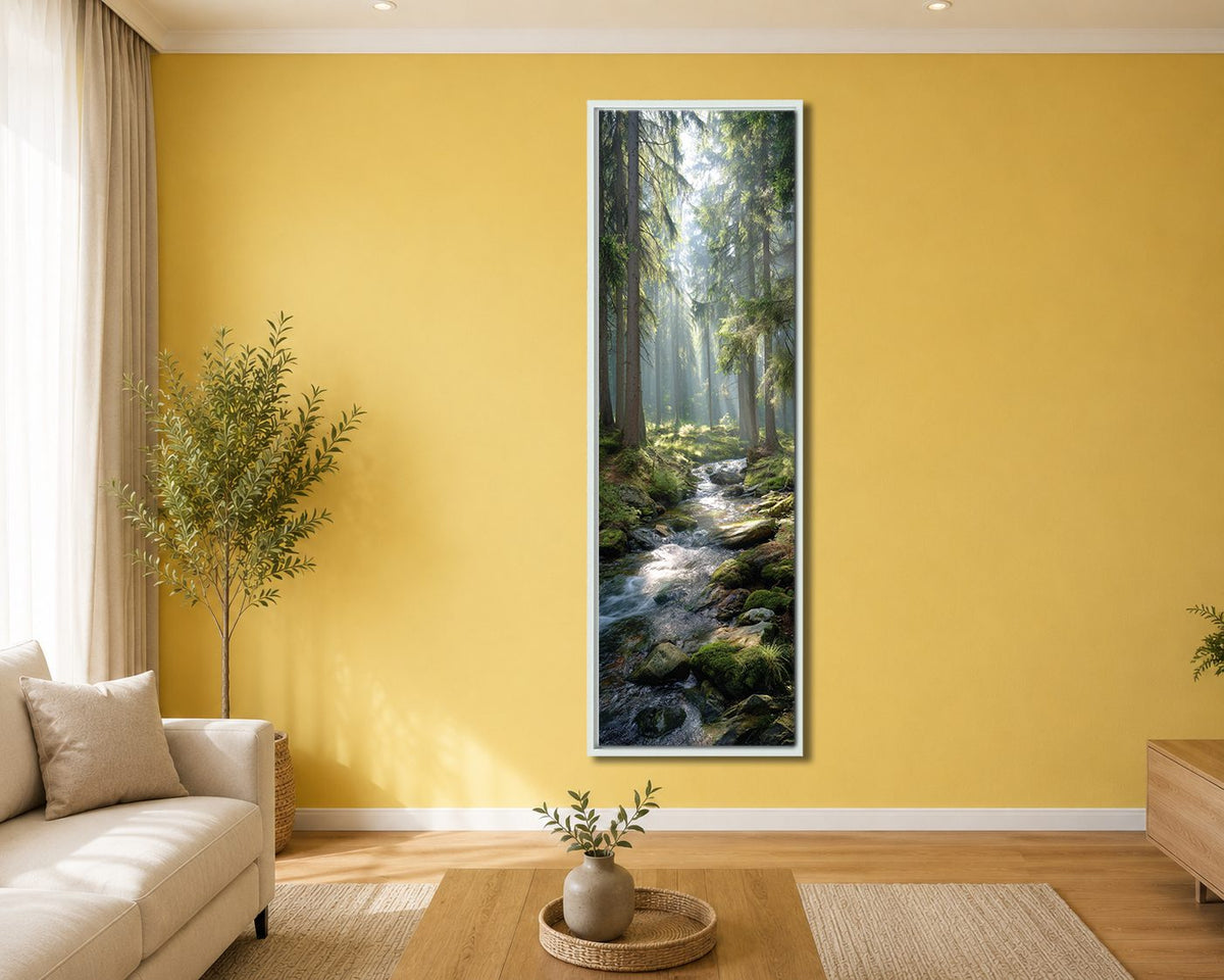 Sunlit Forest Creek canvas wall art, white floating frame