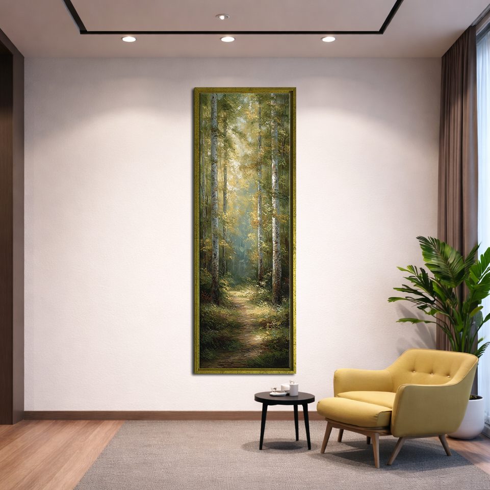 Sunlit Forest Trail canvas wall art, gold floating frame