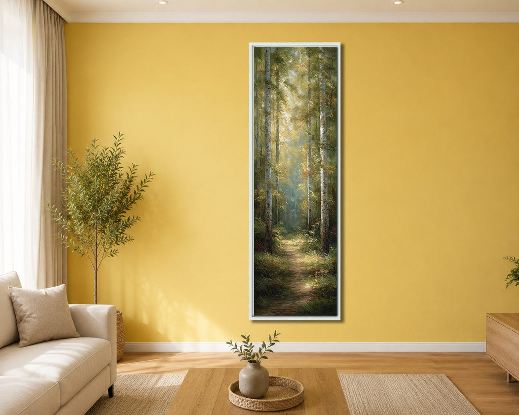 Sunlit Forest Trail canvas wall art, white floating frame